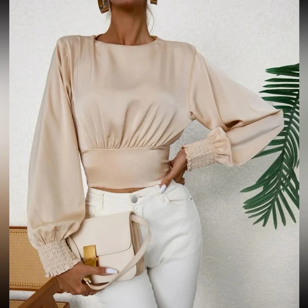 Boho apricot shirred open back crop top